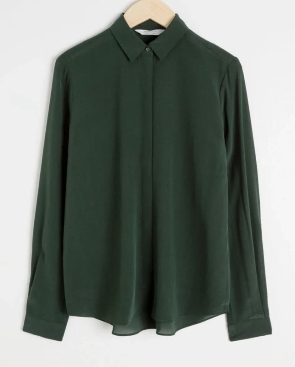 & Other Stories 100% Silk Dark Green Button Down Shirt Blouse Top Women's 10